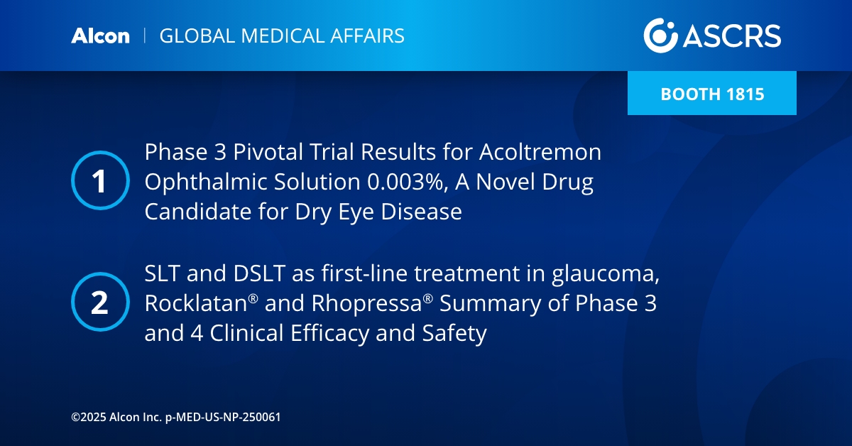 SeeAlconScience's tweet image. Attending #ASCRS2025? There’s still time to register for our Scientific Exchange presentations! Join us as we share clinical insights about the latest innovations in glaucoma treatment, intraocular lenses (IOLs), surgical equipment and more: 
Surgical: spr.ly/60122KWba
Dry…