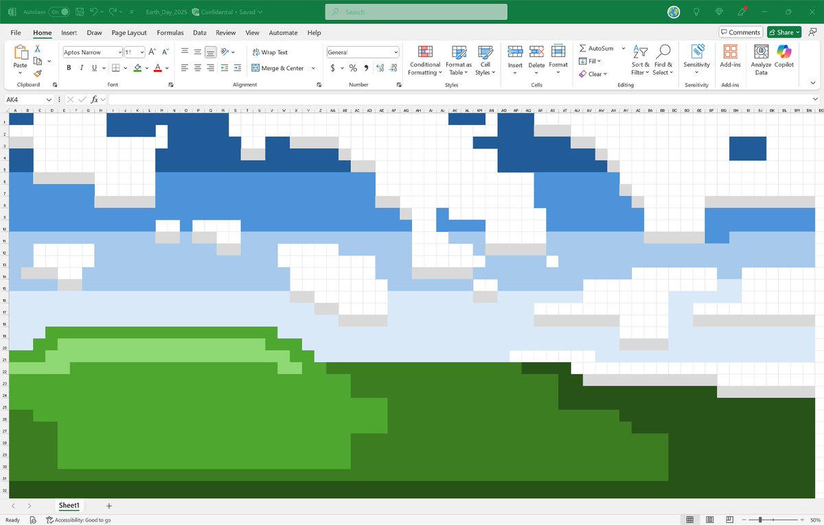 Microsoft365's tweet photo. It’s always Paint this, Paint that… what about Excel Art? #EarthDay https://t.co/jAufE1IuKH