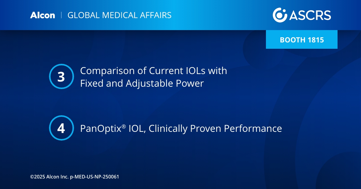 SeeAlconScience's tweet image. Attending #ASCRS2025? There’s still time to register for our Scientific Exchange presentations! Join us as we share clinical insights about the latest innovations in glaucoma treatment, intraocular lenses (IOLs), surgical equipment and more: 
Surgical: spr.ly/60122KWba
Dry…