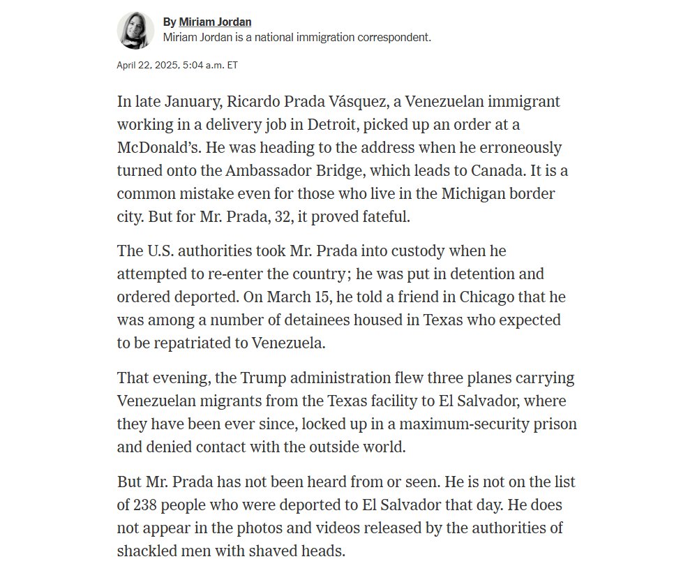 This story from today is SHOCKING. The United States has disappeared a man. His last known whereabouts on March 15 was in the same place as others sent to El Salvador, but his name doesn't appear on the leaked list of people sent there.

He is, for all intents and purposes, gone.