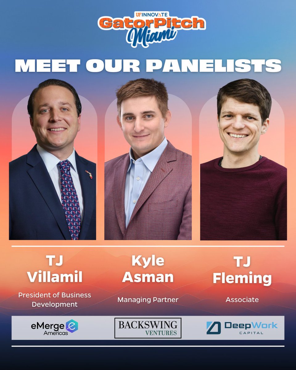 UF Innovate (@ufinnovate) on Twitter photo We’re two weeks out from #GatorPitch Miami, where bold <a href="/UF/">FLORIDA</a> startups take center stage! 🐊
We're revealing our finalist in just two days, but we want you to #MeetThePanel:
🌴 <a href="/TJVillamil/">TJ Villamil</a>, <a href="/eMergeAmericas/">eMerge Americas</a>
🏌️ Kyle Asman, Backswing Ventures
🔹TJ Fleming, <a href="/DeepWorkCapital/">DeepWork Capital</a>
(1/2) We’re two weeks out from #GatorPitch Miami, where bold <a href="/UF/">FLORIDA</a> startups take center stage! 🐊
We're revealing our finalist in just two days, but we want you to #MeetThePanel:
🌴 <a href="/TJVillamil/">TJ Villamil</a>, <a href="/eMergeAmericas/">eMerge Americas</a>
🏌️ Kyle Asman, Backswing Ventures
🔹TJ Fleming, <a href="/DeepWorkCapital/">DeepWork Capital</a>
(1/2)