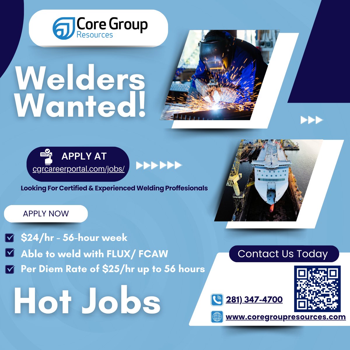 cgresources's tweet image. Now Hiring Welders – Start Your Next Hot Job Today!

Join a top-tier team working on exciting shipyard projects. Earn $24/hr for 56-hour weeks plus $25/hr per diem! Must have FLUX/FCAW welding experience. 

Apply now at hubs.ly/Q03hWshl0