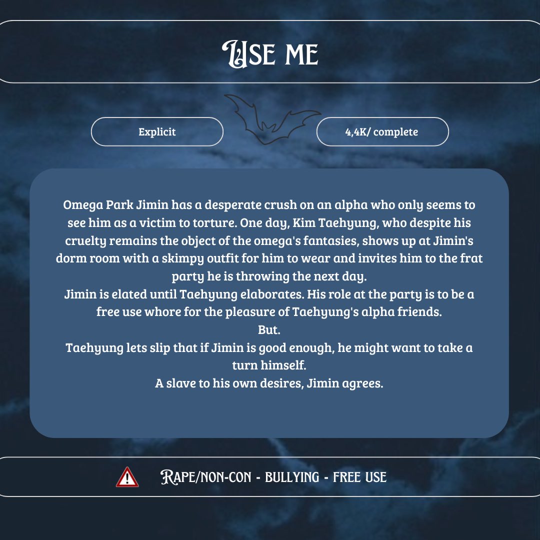 ₊˚⋆☪︎ Use me ⋆˚₊

• Explicit.
• 4,4K / complete.
• Rape/non-con- Bullying - free use.

💙: archiveofourown.org/works/64560976