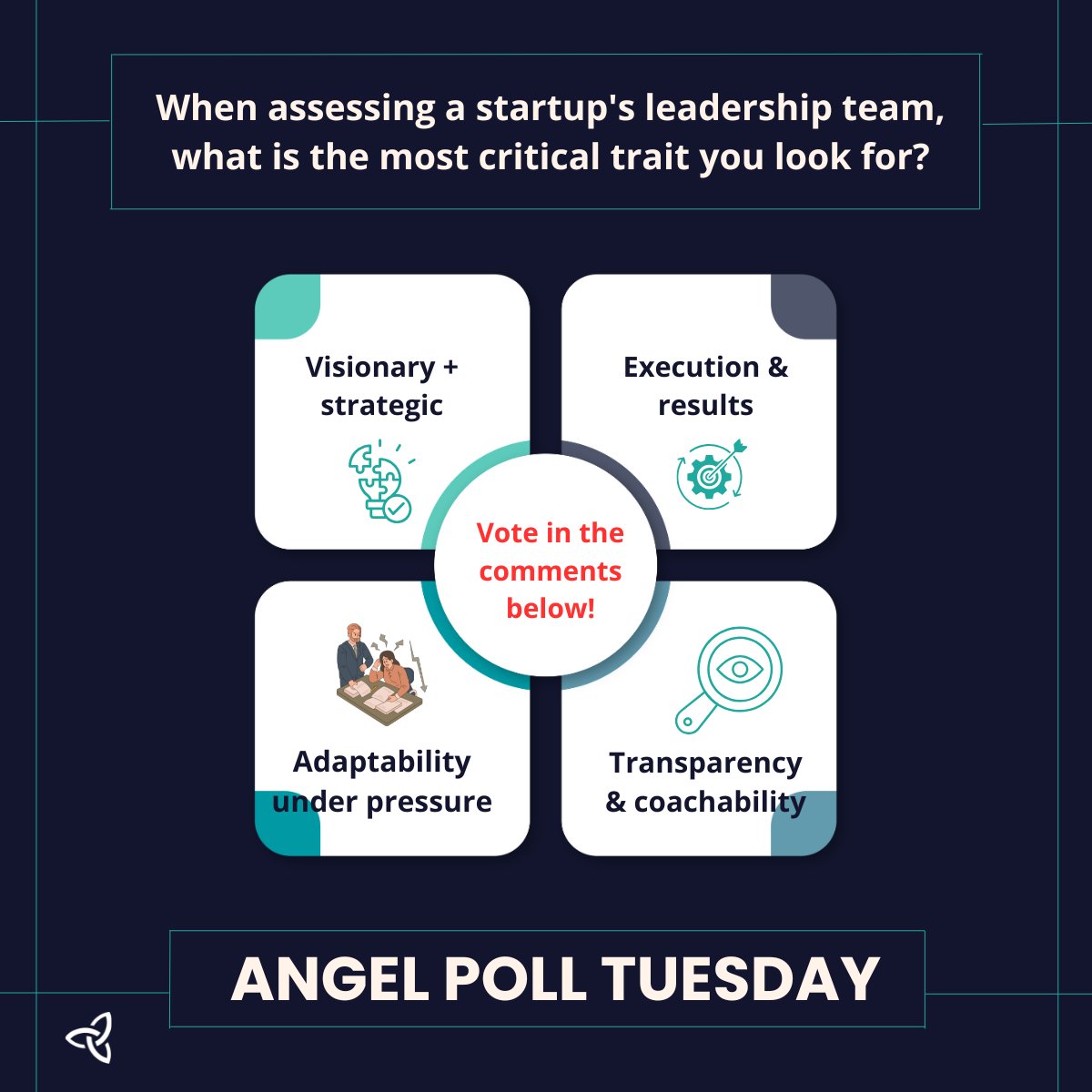 🚨 Angel Poll Tuesday is here!
This week’s Q:
What’s the most critical trait you look for in a startup’s leadership team?

🔹 Visionary + strategic
🔹 Execution &amp; results
🔹 Adaptability under pressure
🔹 Transparency &amp; coachability

👇 Vote in the comments + share why!