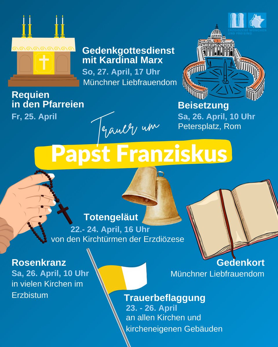 Unser Erzbistum trauert um Papst Franziskus. In den kommenden Tagen habt ihr an vielen Orten die Möglichkeit, an den Trauerfeierlichkeiten teilzunehmen...