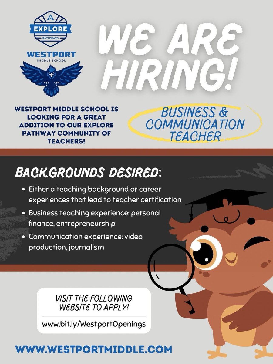 We're looking for a great addition to our Business and Communications Explore Pathway! For those interested please apply at bit.ly/WestportOpenin… <a href="/WestportMS/">Westport Middle</a> <a href="/JCPSExploreEA/">Marcella Minogue</a> <a href="/ExploreJCPS/">JCPS Explore Pathways</a>