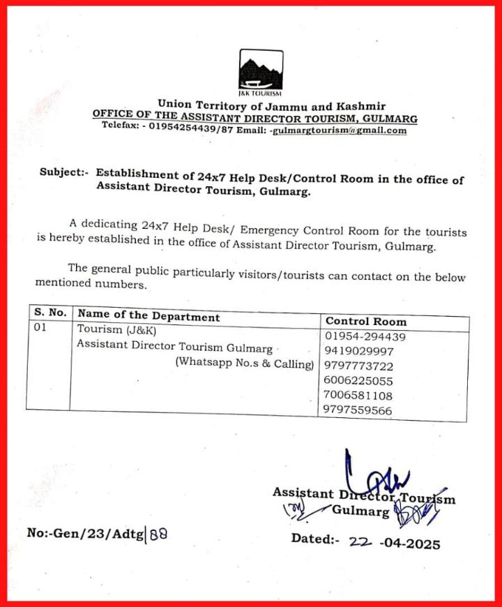 A dedicated 24x7 Help Desk/ Emergency Control Room has been established for #tourists by Assistant Director #Tourism, #Gulmarg. All visitors/tourists are requested to contact on below numbers in case of emergency.
#kashmir
<a href="/diprjk/">Information & PR, J&K</a>
<a href="/JandKTourism/">Jammu & Kashmir Tourism</a>
<a href="/ddnewsSrinagar/">DD NEWS SRINAGAR</a>
<a href="/airnewsalerts/">All India Radio News</a>