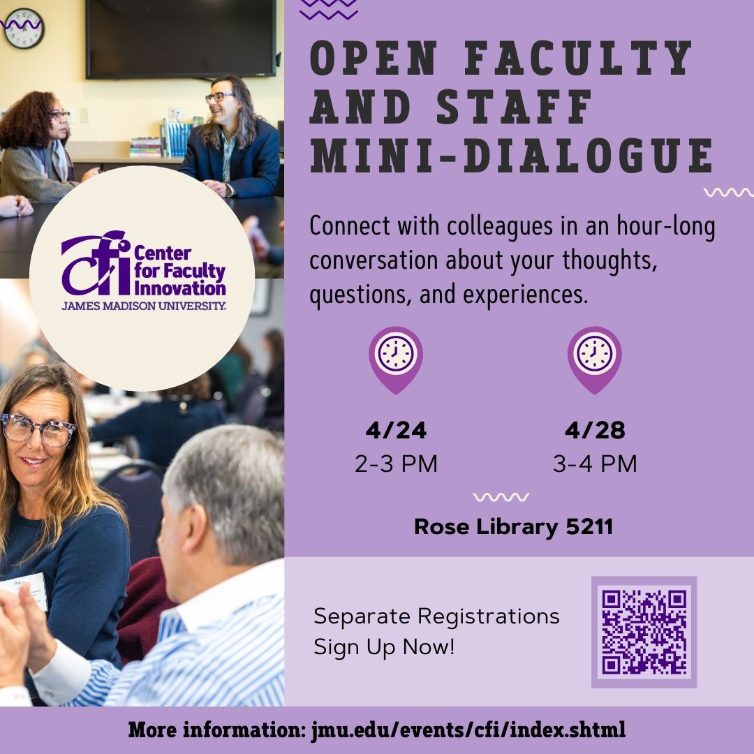 Don't miss the April open mini-dialogue sessions coming up this Thursday and next Monday! 

Visit the CFI website for more details and registration: jmu.edu/events/cfi/202…
