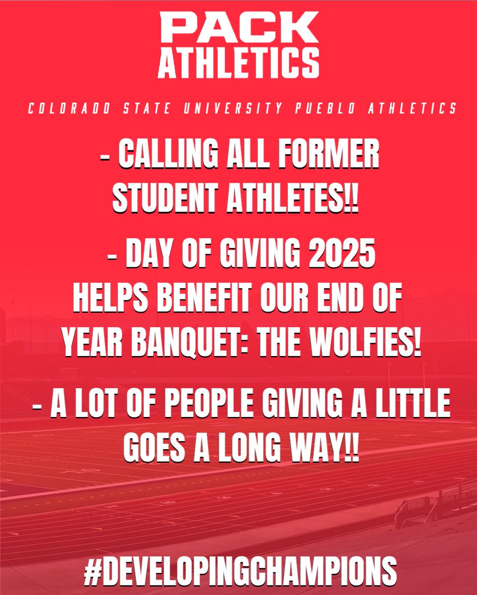 We’re only a couple days out from GIVE DAY!! Mark your calendar and a upport the future of CSU Pueblo Athletics by making a gift on April 24-25 on Pack Giving Day from Noon-Noon!!

csupueblogiveday.com

If we all participate, giving a LITTLE from a LOT goes a LONG WAY‼️