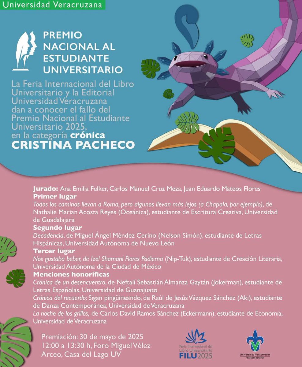 Ganamos un tercer lugar en el Premio Nacional al Estudiante Universitario otorgado por la Universidad veracruzana. ❤️
<a href="/UACM/">UACM</a> 🥳
<a href="/FaroIndiosVerde/">Faro Indios Verdes</a> 🌞
Gracias a mi tallerista, Aldo Rosales, por todo el apoyo siempre. 🫶