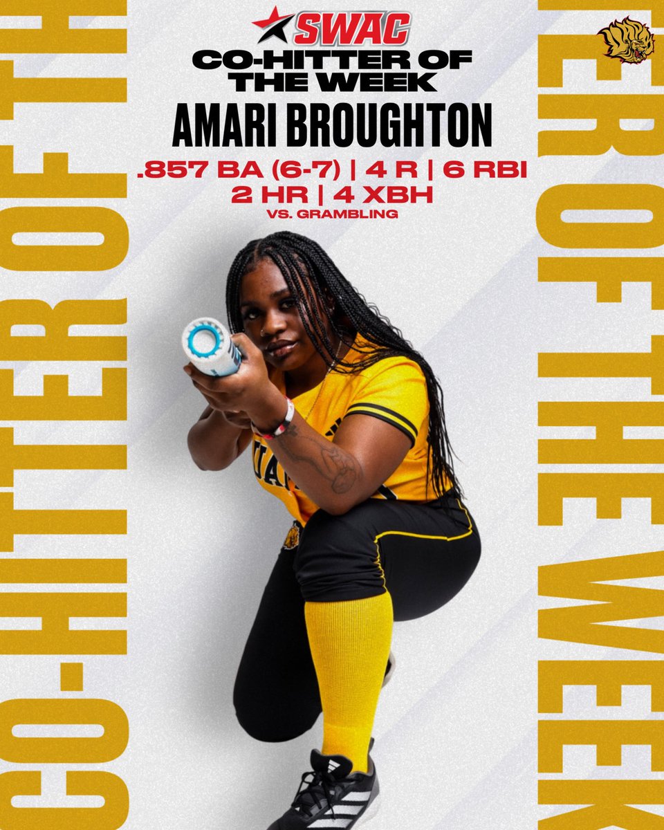 Amari Broughton was UNSTOPPABLE at the dish!
6-7 | .857 BA | 4 R | 6 RBI | 2 HR | 4 XBH
A powerful weekend vs. Grambling lands her SWAC Co-Hitter of the Week honors! 🦁🥎