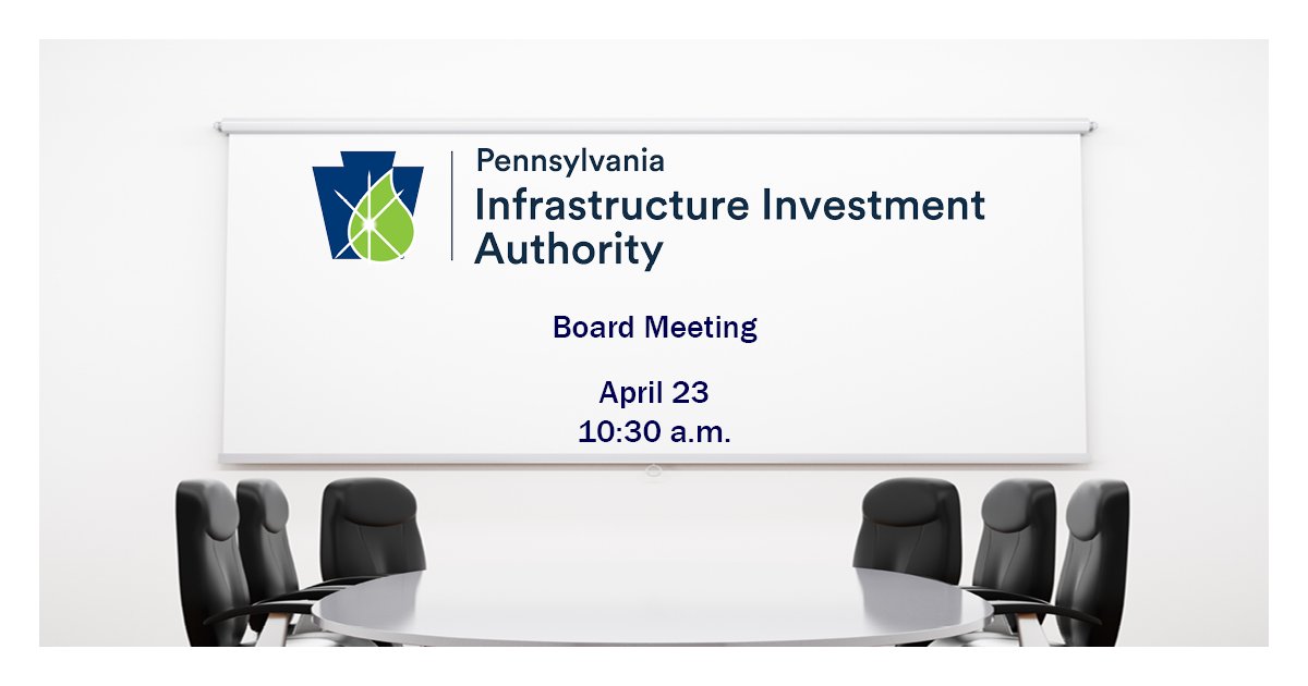 The next PENNVEST board of directors quarterly meeting will take place tomorrow at 10:30 a.m. To attend virtually or for more information, visit pa.gov/agencies/pennv… 

The application cut-off date for July’s board meeting is May 7th.