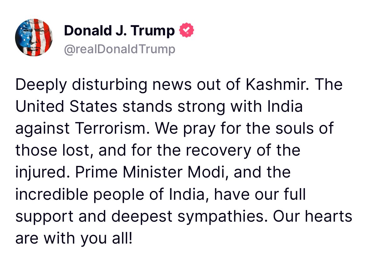 BreannaMorello's tweet image. 🚨ISLAMIC TERROR ATTACK🚨

President Trump is reacting to the brutal attack that left 28 dead in Pahalgam, Kashmir.

Islamic terrorists targeted Hindu tourists, including newlyweds. 

The assailants checked victims' IDs and forced them to reveal their religion by removing…