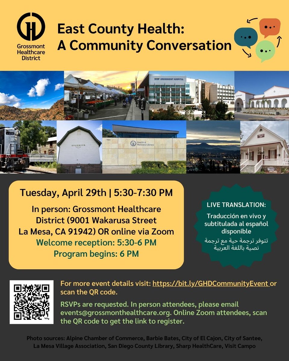 ONE WEEK TO RSVP! Email events@grossmonthealthcare.org to let us know you'll be attending in person and sign up here to attend via Zoom: bit.ly/4bxLJUx. We hope you’ll join us on 4/29 from 5:30 - 7:30 PM to help shape the future of #CommunityHealth in #EastCountySD.