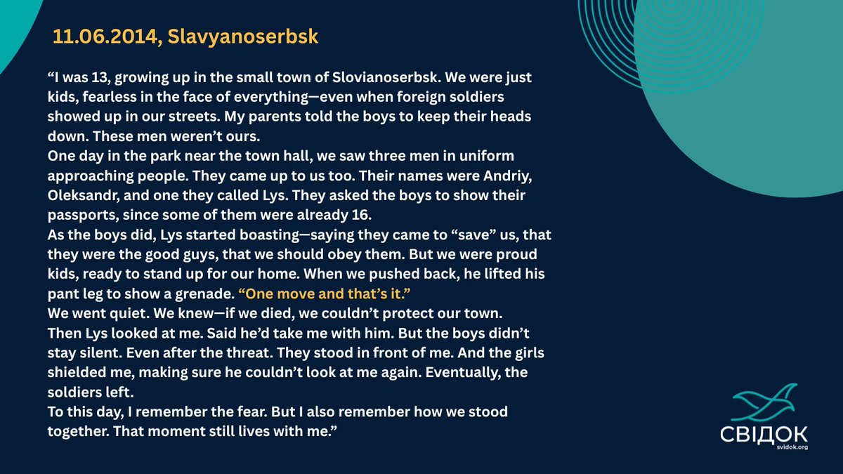 A 13-year-old girl from Slovianoserbsk faced armed occupiers on June 11, 2014, with her friends. One occupier showed a grenade, threatening, "One move, and that’s it." Her friends protected her, leaving a lasting impression of fear and courage. Read more: svidok.org/notes/sloviano…