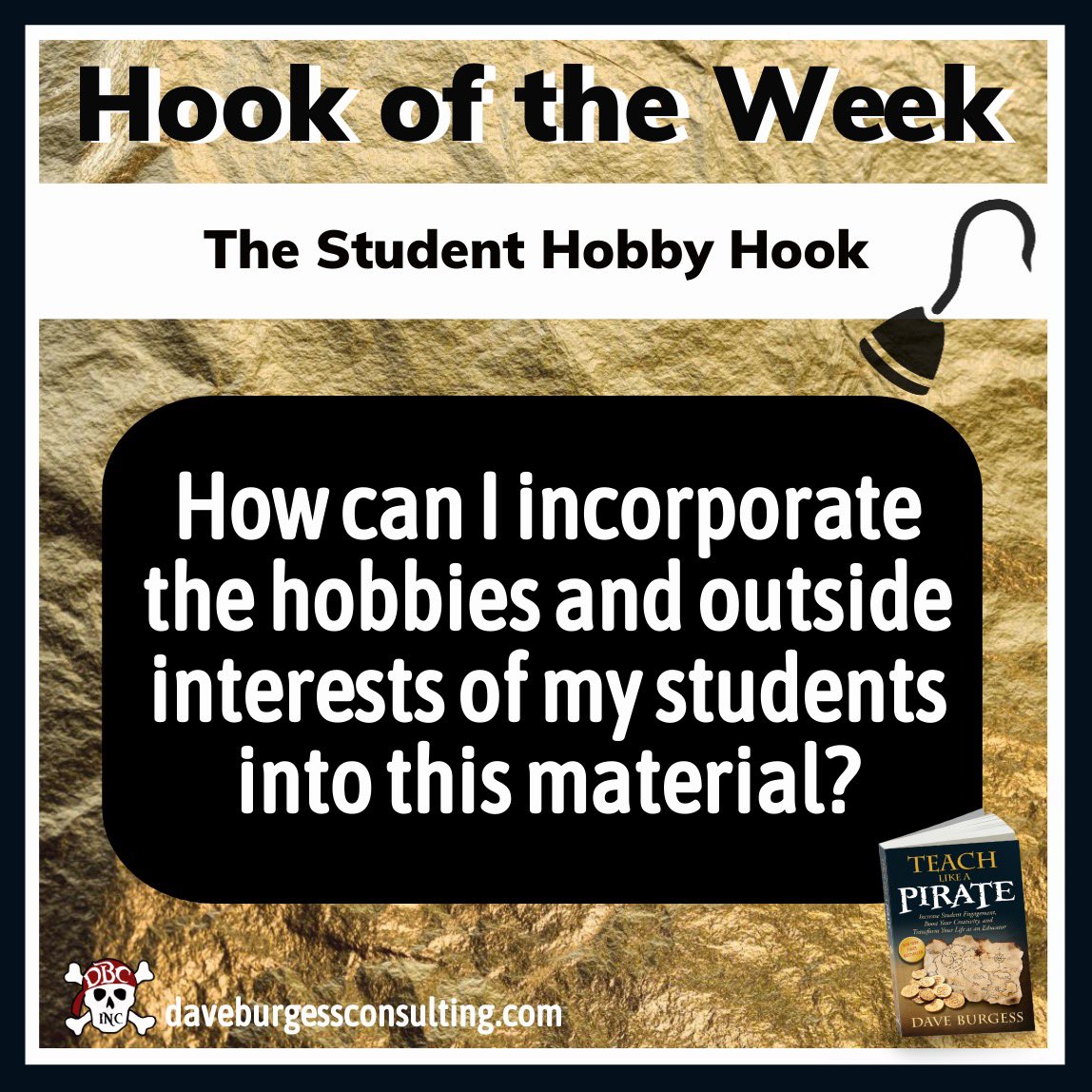 burgessdave's tweet image. #HookOfTheWeek to spark engagement! The Student Hobby Hook. In other words, rather than spending so much time trying to get students engaged with our content. let’s spend more time tying our content to what they already engaged with! 

daveburgessconsulting.com/blog/thestuden… #tlap #dbcincbooks