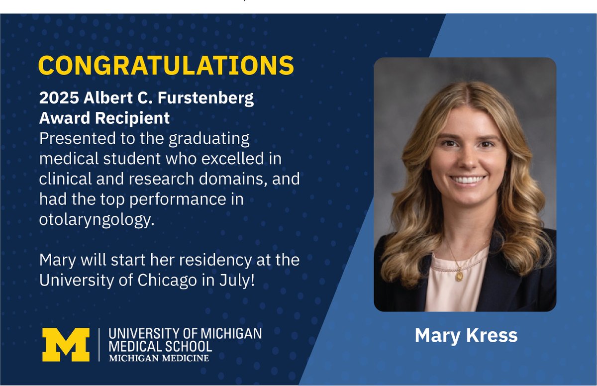 Michigan Otolaryngology (@umichoto) on Twitter photo Congratulations to Mary Kress, the 2025 Albert C. Furstenberg Award recipient! The award is presented to the U-M med student who excelled in clinical & research domains, & had the top performance in otolaryngology. We wish her well as she starts residency <a href="/UChicagoOHNS/">UChicagoOHNS</a> in July! Congratulations to Mary Kress, the 2025 Albert C. Furstenberg Award recipient! The award is presented to the U-M med student who excelled in clinical & research domains, & had the top performance in otolaryngology. We wish her well as she starts residency <a href="/UChicagoOHNS/">UChicagoOHNS</a> in July!