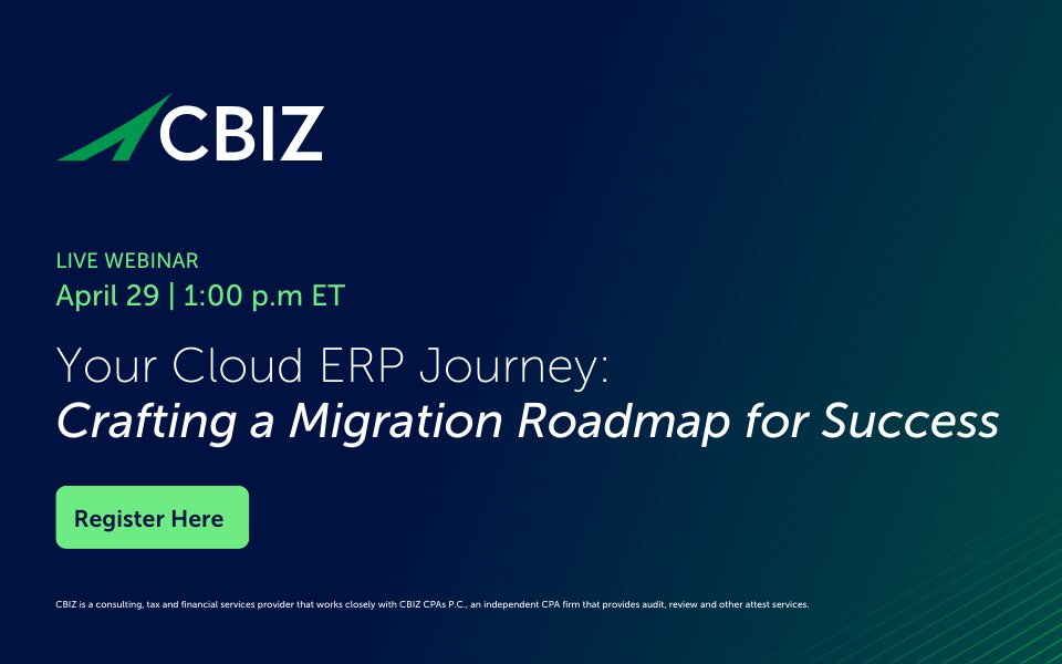 jdwcpa's tweet image. Moving to the cloud? Start with a solid plan.

Join @cbz for a webinar on evaluating legacy systems and building your ERP migration roadmap. Insights, tools, and strategies to guide your journey. okt.to/G0nKMt

#CloudERP #cloudERPsoftware #CloudMigration