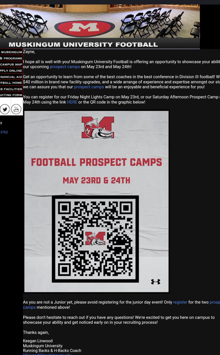I will be attending <a href="/MuskingumFB/">Muskingum Football</a>  camp on May 23rd. I am Excited to get on campus and compete. Thank you <a href="/keegan_linwood/">Keegan Linwood</a> for the invite. <a href="/CoachMNardo/">Matt Nardo</a> <a href="/CoachNBowie/">Nehemiah Bowie</a> <a href="/CoachHuhn/">Casey Huhn</a> <a href="/coach_shank05/">Christopher Shank</a> <a href="/GCFBRecruiting/">Grove City Recruiting</a> <a href="/CoachHoffmanGC/">Coach Chris Hoffman</a>