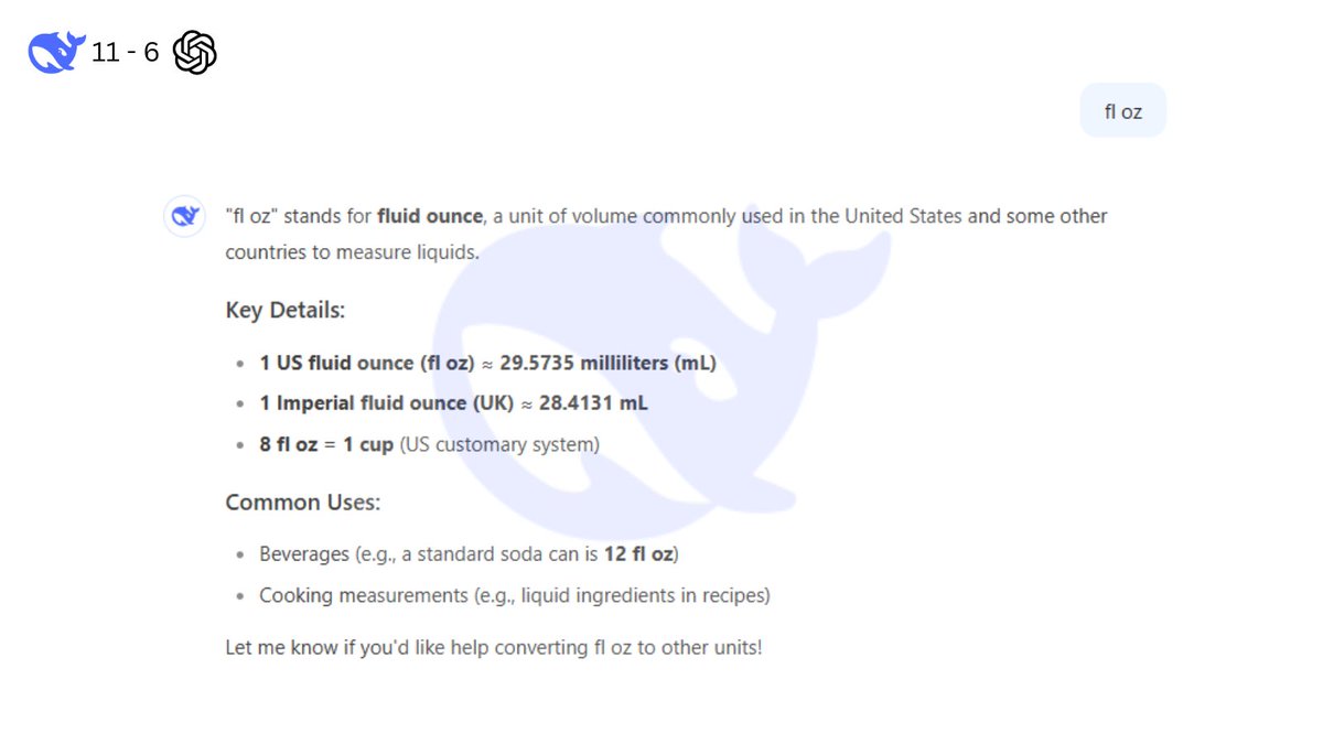 chatgptdeepseek's tweet image. Round 24

#DeepSeek 11-6 #ChatGPT

&quot;𝐟𝐥 𝐨𝐳&quot;

DeepSeek: fluid ounce ✅
ChatGPT: fluid ounce ✅

Verdict: ChatGPT and DeepSeek have passed the short cue test, giving an accurate reading of 29.5735 mL per fl oz.

#chatgptvsdeepseek #floz #physics #shortprompt