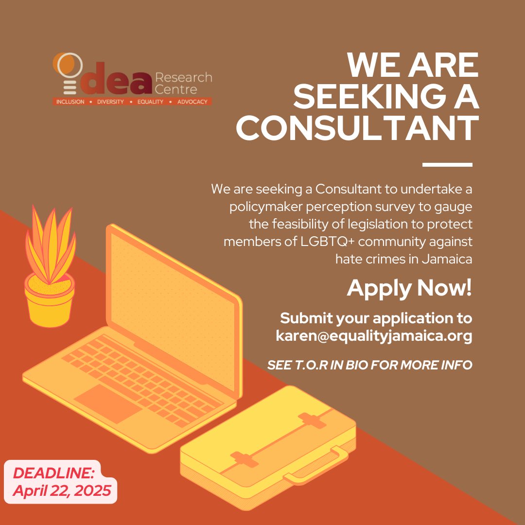 🚨Application Deadline🚨TODAY‼️

APRIL 22, 2025 by 11:59pm

IDEA Research Centre, through Equality for All Foundation, is seeking to contract the services of a Consultant to undertake a policymaker perception survey in an effort to gauge the feasibility of legislation to protect
