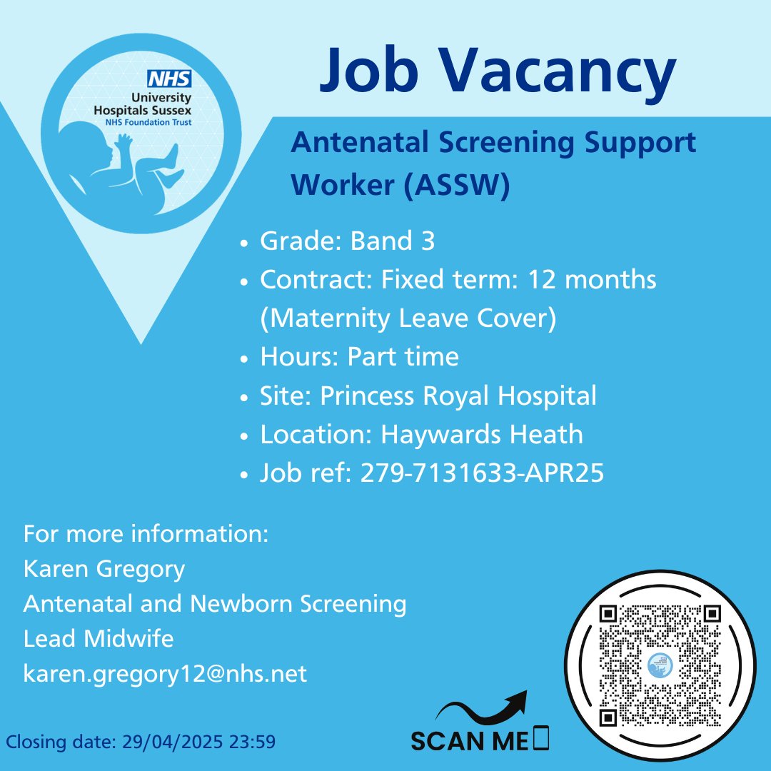 Calling passionate and dedicated maternity support workers: a rare chance to join the screening team. Rewarding and vital part of our maternity service. 
Apply now: bit.ly/445WY50