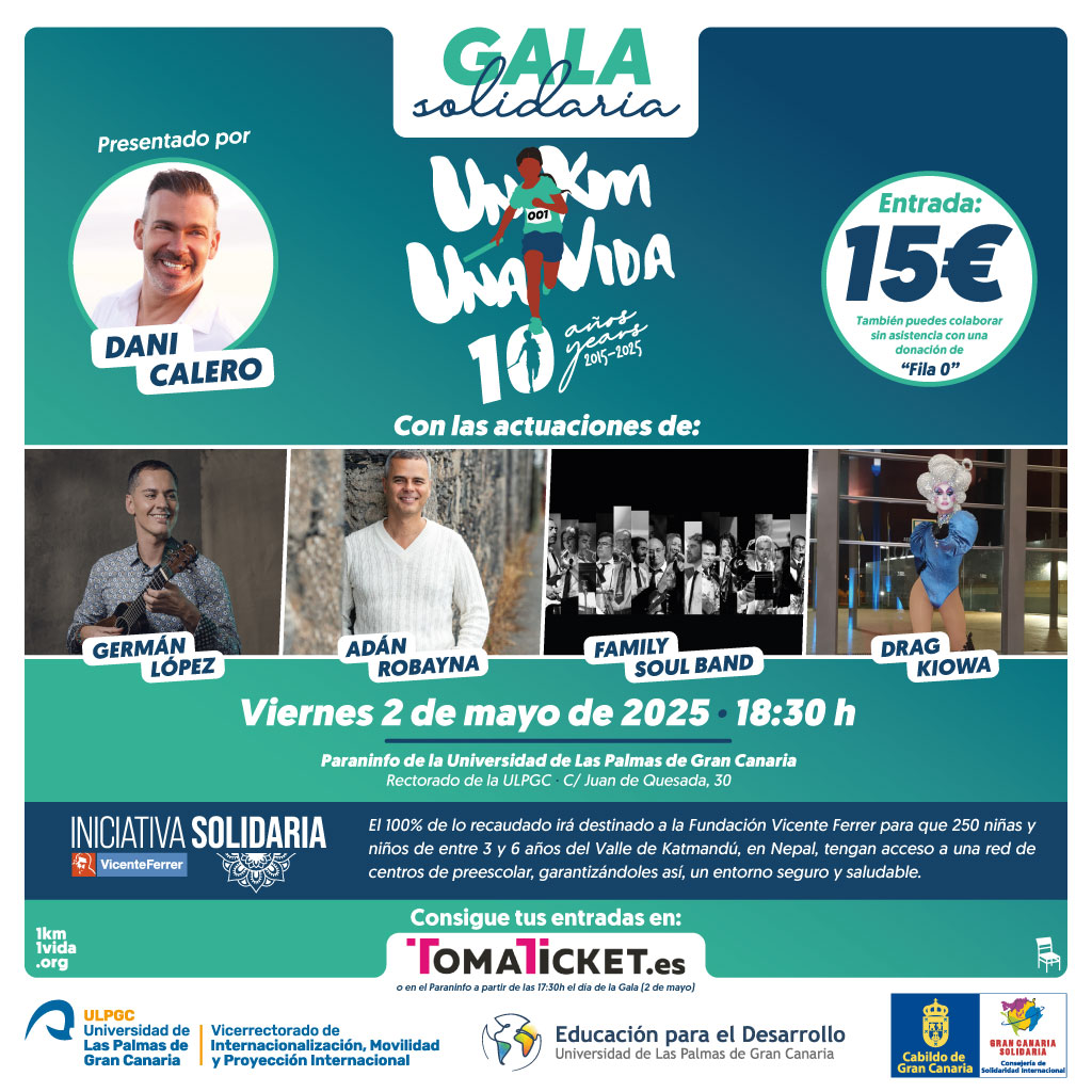 1km1vida (@1km1vida) on Twitter photo El próximo viernes 2 de mayo a las 18:30 horas, en el Paraninfo de la ULPGC, tendrá lugar la Gala Solidaria #1km1vida, a beneficio de la <a href="/fvicenteferrer/">Fundación Vicente Ferrer</a>. 🎉
Puedes comprar tus entradas aquí (también disponible “fila 0”):
tomaticket.es/es-es/entradas…
¡Te esperamos! El próximo viernes 2 de mayo a las 18:30 horas, en el Paraninfo de la ULPGC, tendrá lugar la Gala Solidaria #1km1vida, a beneficio de la <a href="/fvicenteferrer/">Fundación Vicente Ferrer</a>. 🎉
Puedes comprar tus entradas aquí (también disponible “fila 0”):
tomaticket.es/es-es/entradas…
¡Te esperamos!