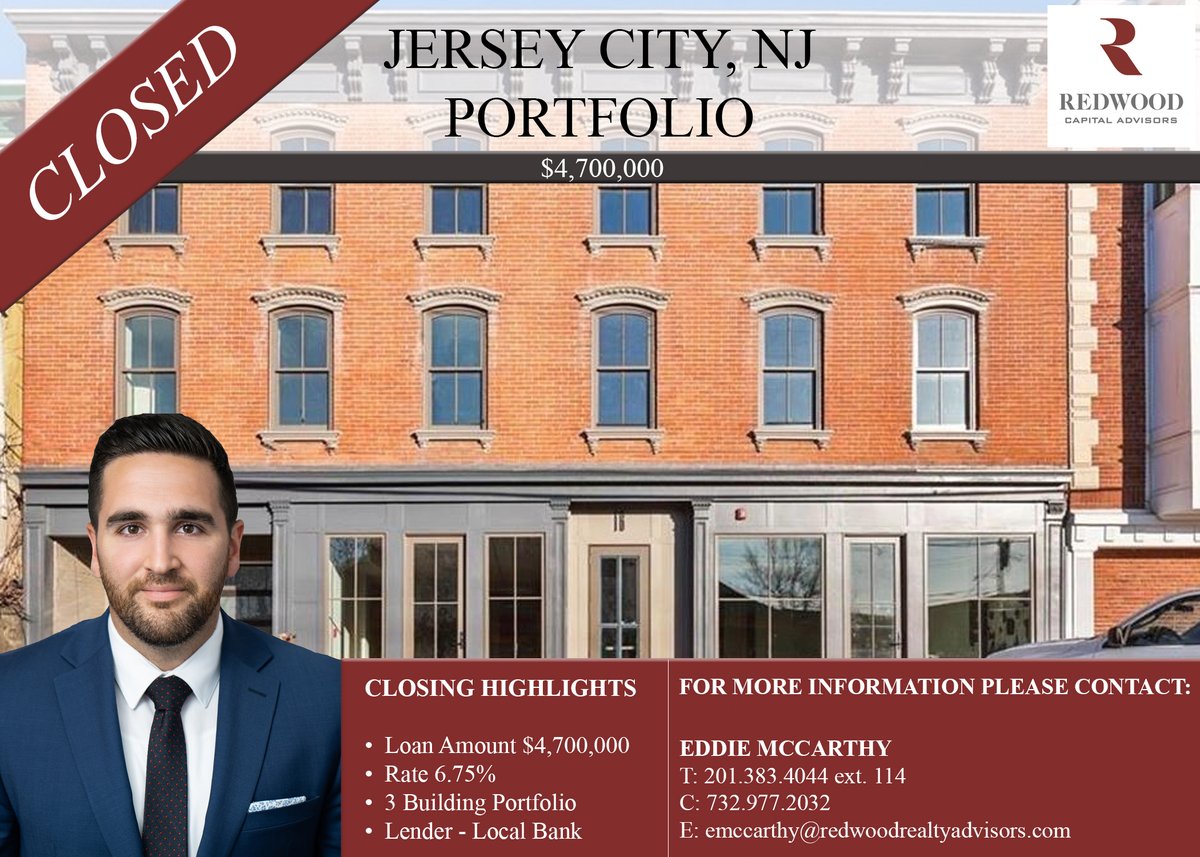 RedwoodRealtyA's tweet photo. Closing Announcement - Jersey City Portfolio

#closing #cre #finance #investing #workhardplayhard #goals #teamwork #investment #jerseycity #nj #newjersey #refinancing #financing https://t.co/ry9Uai5U7g