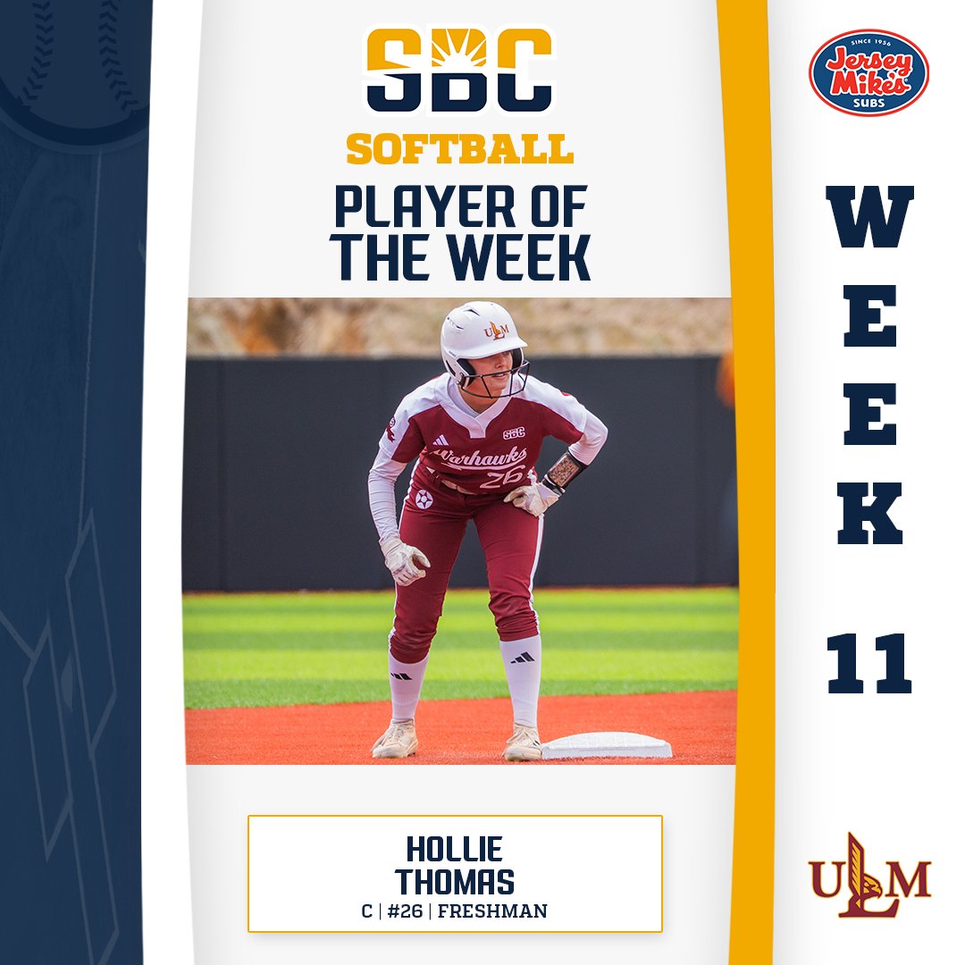 Sun Belt (@sunbelt) on Twitter photo ๐ง๐๐ข๐ ๐๐ฆ ๐ง๐๐ ๐.
<a href="/ULM_Softball/">ULM Softball</a> freshman catcher Hollie Thomas batted .600 with two doubles and four RBI including a walk-off RBI single to clinch a series sweep, earning her #SunBeltSB Player of the Week honors. โ๏ธ๐ฅ
๐ฐ ยป sunbelt.me/4ipImkB ๐ง๐๐ข๐ ๐๐ฆ ๐ง๐๐ ๐.
<a href="/ULM_Softball/">ULM Softball</a> freshman catcher Hollie Thomas batted .600 with two doubles and four RBI including a walk-off RBI single to clinch a series sweep, earning her #SunBeltSB Player of the Week honors. โ๏ธ๐ฅ
๐ฐ ยป sunbelt.me/4ipImkB