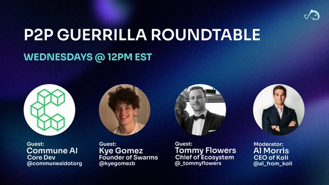 ⚡️ 이번 주 수요일 시작 - P2P 게릴라 오픈토크 ⚡️

🗓️ 수요일 오후 12시 EST // 오후 4시 UTC
🎙️ 게스트: • <a href="/communeaidotorg/">commune</a>
• <a href="/KyeGomezB/">Kye Gomez (swarms)</a> (<a href="/swarms_corp/">swarms</a> 소속)
• @_tommyflowers (<a href="/Trustware_io/">Trustware</a> 소속)
🔗 알림 설정: x.com/i/spaces/1djGX…

함께 미래를 만들어가요 🎏