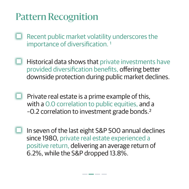 blackstone's tweet photo. Historically, private #realestate has provided portfolios with a foundation when stocks and bonds started to tumble. Read more in Joe Zidle's latest #BXPatternRecognition: