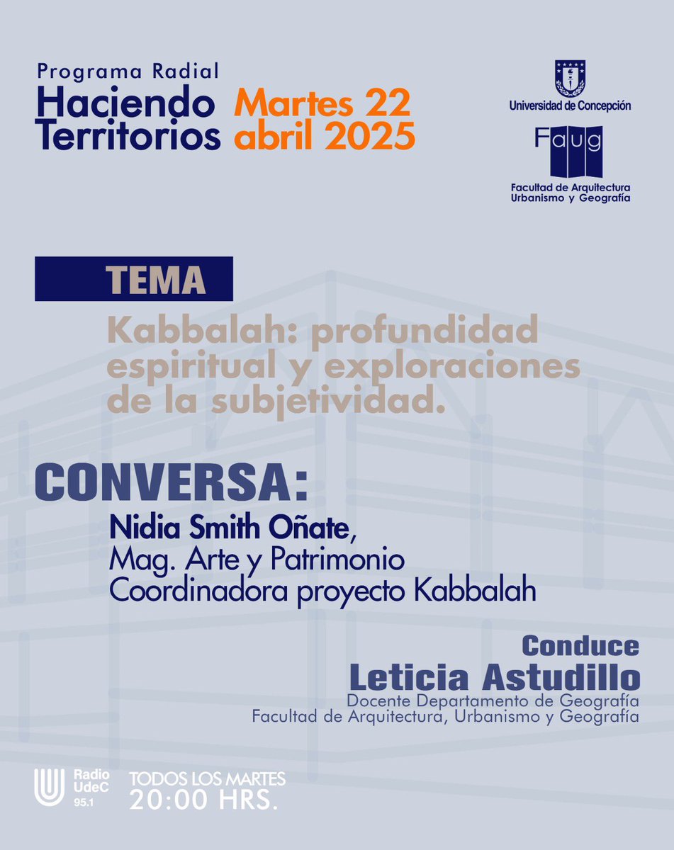 faug_udec's tweet image. 🎙️ ¡No te pierdas “Haciendo Territorios” en @RadioUdeC ! 📻
🗓️ HOY, martes, a las 20:00 horas
🔎 Tema del hoy: Kabbalah: Profundidad espiritual y exploraciones de la subjetividad