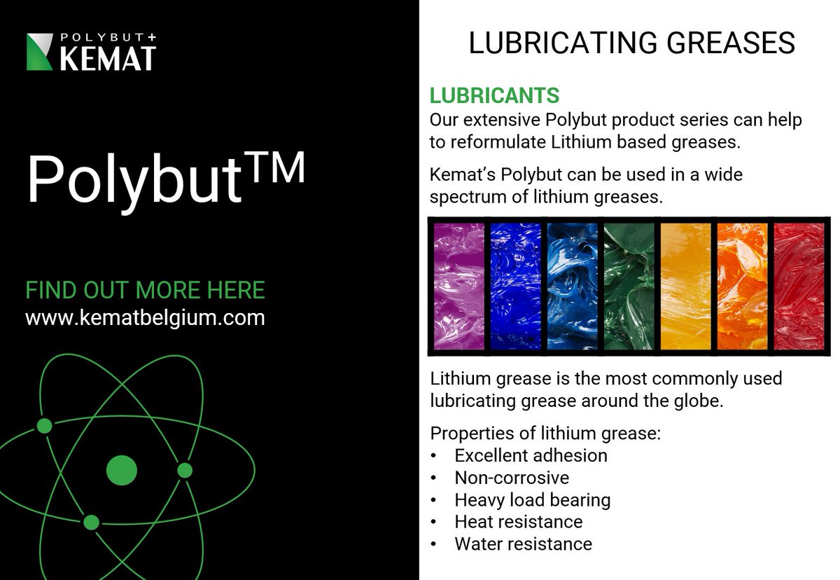 LITHIUM BASED GREASES

Kemat’s Polybut can be used in a wide spectrum of lithium #greases.
kematbelgium.com/application/lu…

We will be attending the ELGI AGM in Copenhagen.
Do get in contact for meeting opportunities at ELGI.

sales@kematbelgium.com
+32 2 219 48 11

#polybutenes #PIB
