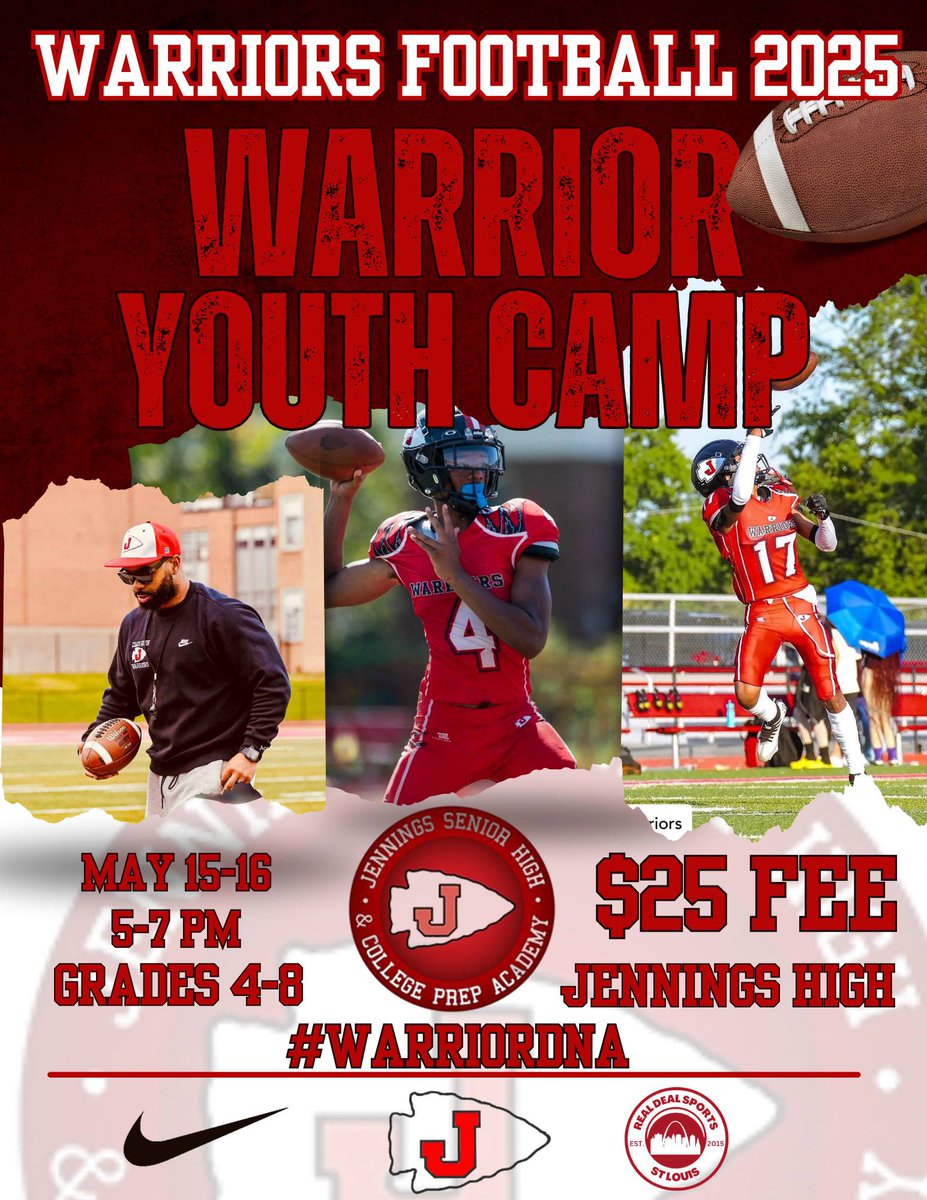 coachdgreen_'s tweet photo. 🏈 The First Jennings Warrior Youth Camp is here! @jtownfball314
Don’t miss the Jennings Warrior Co-Ed Youth Football Camp! We will have two action packed days designed to elevate your game and maximize your fun!
Join us May 15th & 16th from 5pm-7pm on the Turf Field for an unforgettable experience. Day 1 will focus on offensive skills and drills to sharpen your moves and boost your confidence on the field. Day 2 brings the heat with defensive techniques and strategies to strengthen your game and challenge your limits.
Under the guidance of the Jennings High School staff and players, you’ll gain valuable insights, refine your skills, and enjoy plenty of camaraderie. This is more than just a camp—it’s your chance to train with the best while having a blast!
Don’t wait, contact us today to secure your spot! https://t.co/QnS2pNhGa9
Get ready to tap into your Warrior DNA! 🏆💪
#JenningsFootball
#StackGoodDays
#BelieveYourProcess