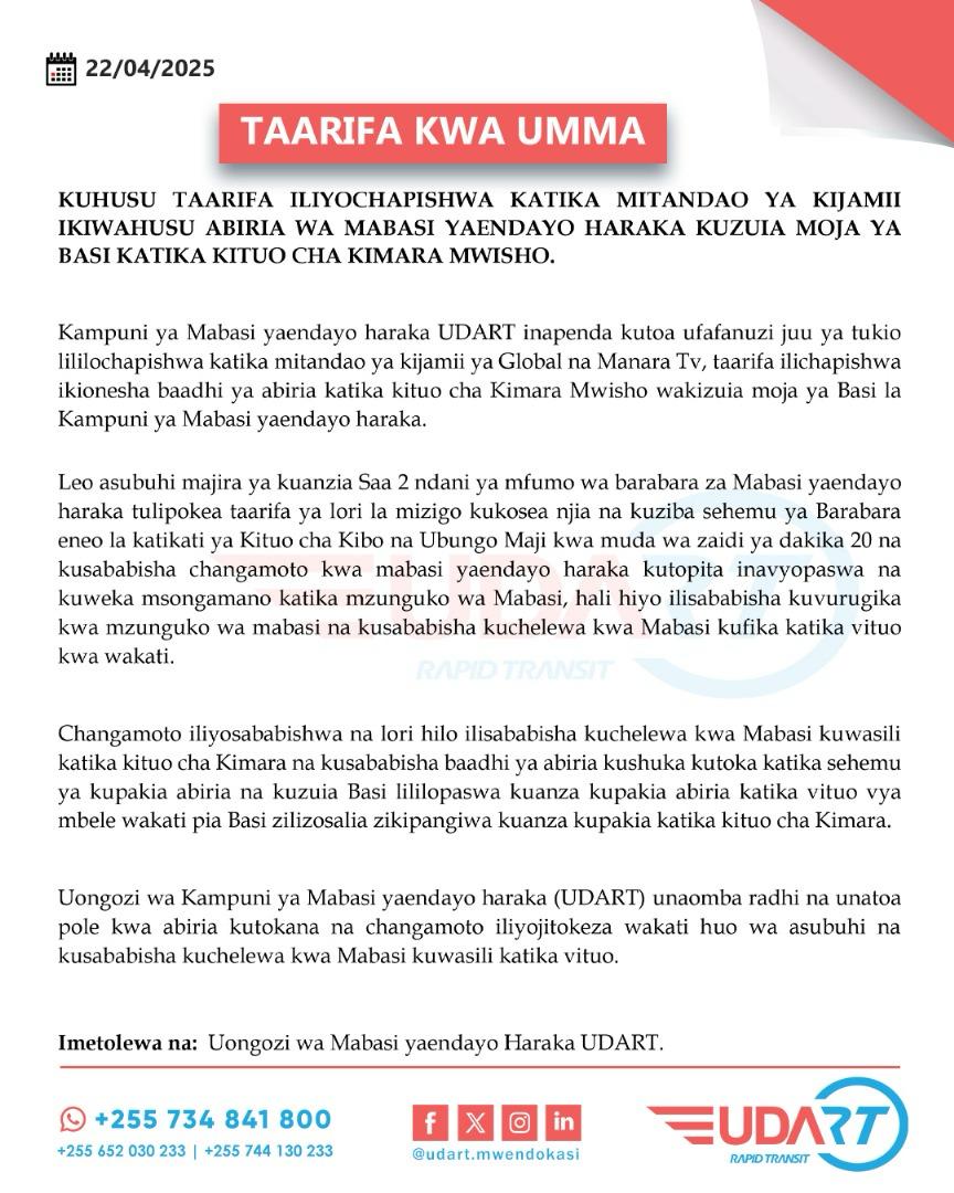🛑 TAARIFA KWA UMMA KUHUSU TAARIFA ILIYOSAMBAA KATIKA MITANDAO YA KIJAMII IKIWAHUSISHA ABIRIA WA MABASI YAENDAYO HARAKA KUZUIA MOJA YA BASI KATIKA KITUO CHA KIMARA MWISHO.