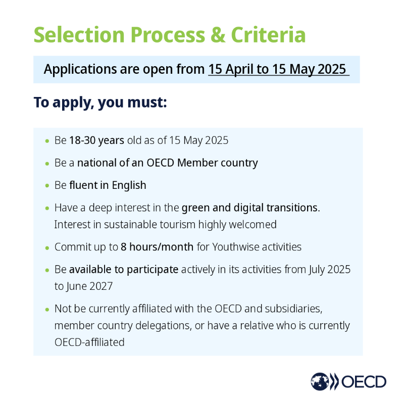 OECD's tweet photo. Have you heard about the OECD’s Youthwise initiative?

It’s a platform for young changemakers (18–30) to contribute to international policy discussions. 

🗓️ Applications open until 15 May!

Learn more &amp; apply: https://t.co/Ql2xWUfZWA