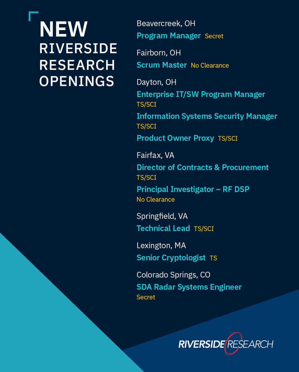 Ready to make your next career move? Join our #NationalSecurity nonprofit. We’re hiring in #InformationSystems, #Procurement, #Cryptology, #Scrum, and more. 

Check out our latest openings and apply today: riversideresearch.org/careers #Careers #STEMCareers