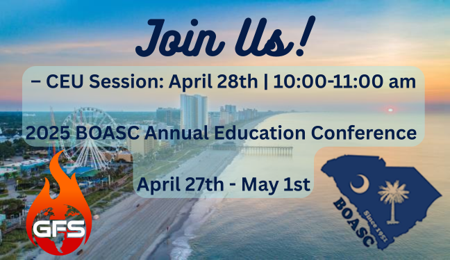 GlobalFireproof's tweet photo. GFS is proud to exhibit at the 2025 BOASC Annual Education Conference, April 27–May 1, in Myrtle Beach!

📅 Join our CEU Session: April 28 | 10–11 AM

Learn about code-compliant fireproofing solutions for your projects.

Stop by our booth—we look forward to seeing you!

#BOASC https://t.co/iRZjnEJzxH