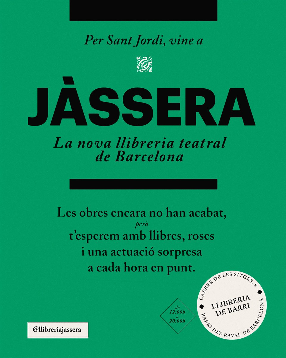 A la tardor obriré una petita llibreria de teatre al Raval.: Jàssera. Encara queda molta feina abans no sigui una realitat, però les obres avancen a bon ritme!
Aprofitant que dimecres és Sant Jordi, celebraré una jornada de portes obertes. Hi haurà roses, llibres i una actuació