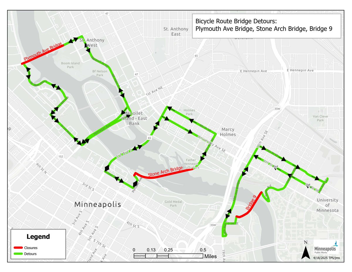 Lots of bridge work in Mpls this summer.  It's still a great city for biking - here's a map to navigate closures and bike detours.