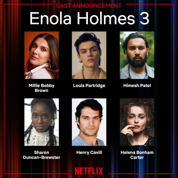 Henry Cavill officially reprises his role as Sherlock Holmes in Enola Holmes 3 on Netflix.
the movie is currently filming in UK.
