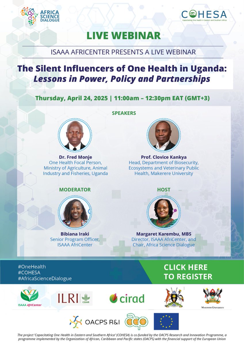 Pamela Wairagala (@pwairagala) on Twitter photo Register to join us for an exciting and informative webinar on 'The Silent Influencers of #OneHealth in #Uganda:Lessons in Power, Policy and Partnerships'
bit.ly/3YCtJTF
<a href="/ILRI/">ILRI.org</a> <a href="/afri_isaaa/">ISAAA_AfriCenter</a> <a href="/Cirad/">Cirad</a> <a href="/Makerere/">Makerere University</a> <a href="/MAAIF_Uganda/">MAAIF 🇺🇬</a> <a href="/MinofHealthUG/">Ministry of Health- Uganda</a> <a href="/PressACP/">OACPS Secretariat</a> <a href="/OacpsProgramme/">OACPS Research & Innovation</a> Register to join us for an exciting and informative webinar on 'The Silent Influencers of #OneHealth in #Uganda:Lessons in Power, Policy and Partnerships'
bit.ly/3YCtJTF
<a href="/ILRI/">ILRI.org</a> <a href="/afri_isaaa/">ISAAA_AfriCenter</a> <a href="/Cirad/">Cirad</a> <a href="/Makerere/">Makerere University</a> <a href="/MAAIF_Uganda/">MAAIF 🇺🇬</a> <a href="/MinofHealthUG/">Ministry of Health- Uganda</a> <a href="/PressACP/">OACPS Secretariat</a> <a href="/OacpsProgramme/">OACPS Research & Innovation</a>