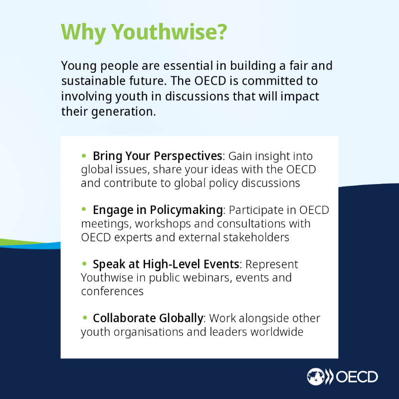 OECD's tweet photo. Have you heard about the OECD’s Youthwise initiative?

It’s a platform for young changemakers (18–30) to contribute to international policy discussions. 

🗓️ Applications open until 15 May!

Learn more &amp; apply: https://t.co/Ql2xWUfZWA