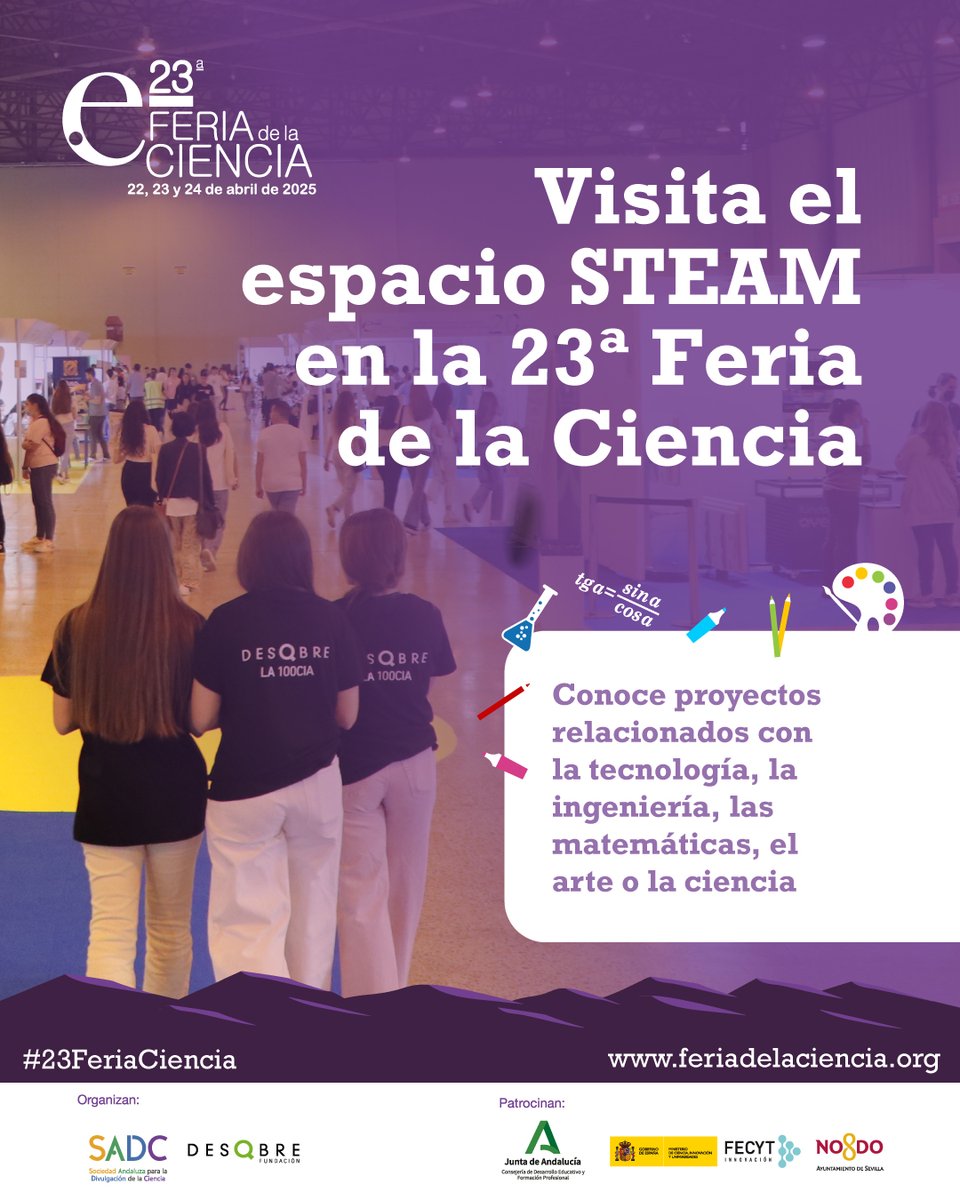 🗣️Los STEAM son espacios colaborativos especializados con gran componente pedagógico. No te pierdas este espacio en la #23FeriaCiencia y conocer proyectos relacionados con la #tecnología, #ingeniería, #matemáticas o #arte.
¡Atención a la programación! 😉
➡️feriadelaciencia.org