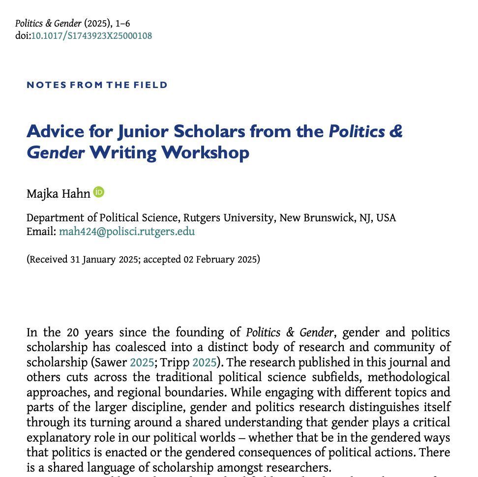 Politics & Gender (@politicsgenderj) on Twitter photo 📢New #PAG21 Notes from the Field 📝
<a href="/MajkaHahn/">Majka Hahn</a> highlights advice for junior scholars who want to engage in the gender and politics subfield.
buff.ly/3Di2Flc 📢New #PAG21 Notes from the Field 📝
<a href="/MajkaHahn/">Majka Hahn</a> highlights advice for junior scholars who want to engage in the gender and politics subfield.
buff.ly/3Di2Flc