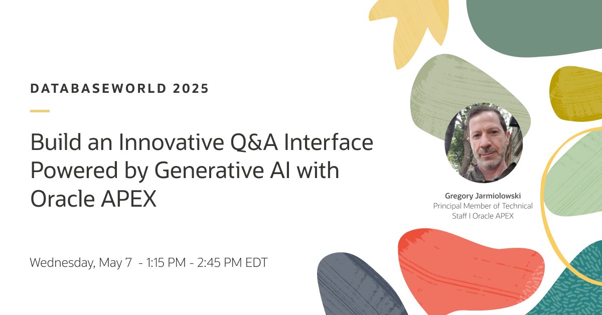 🚀 Are you attending Oracle DatabaseWorld 2025 in NYC?

Then, bring your laptop and join us to learn how to build an innovative Q&amp;A interface powered by generative AI with Oracle APEX!

Registration: social.ora.cl/60132rlL1

#orclAPEX #LowCode
