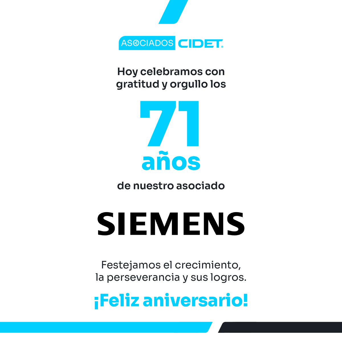Enviamos una felicitación especial en su aniversario número 71 a nuestro asociado <a href="/SiemensSudAm/">Siemens Sudamérica</a>, quien desde 1954 aporta al desarrollo del país.

#AsociadosCIDET