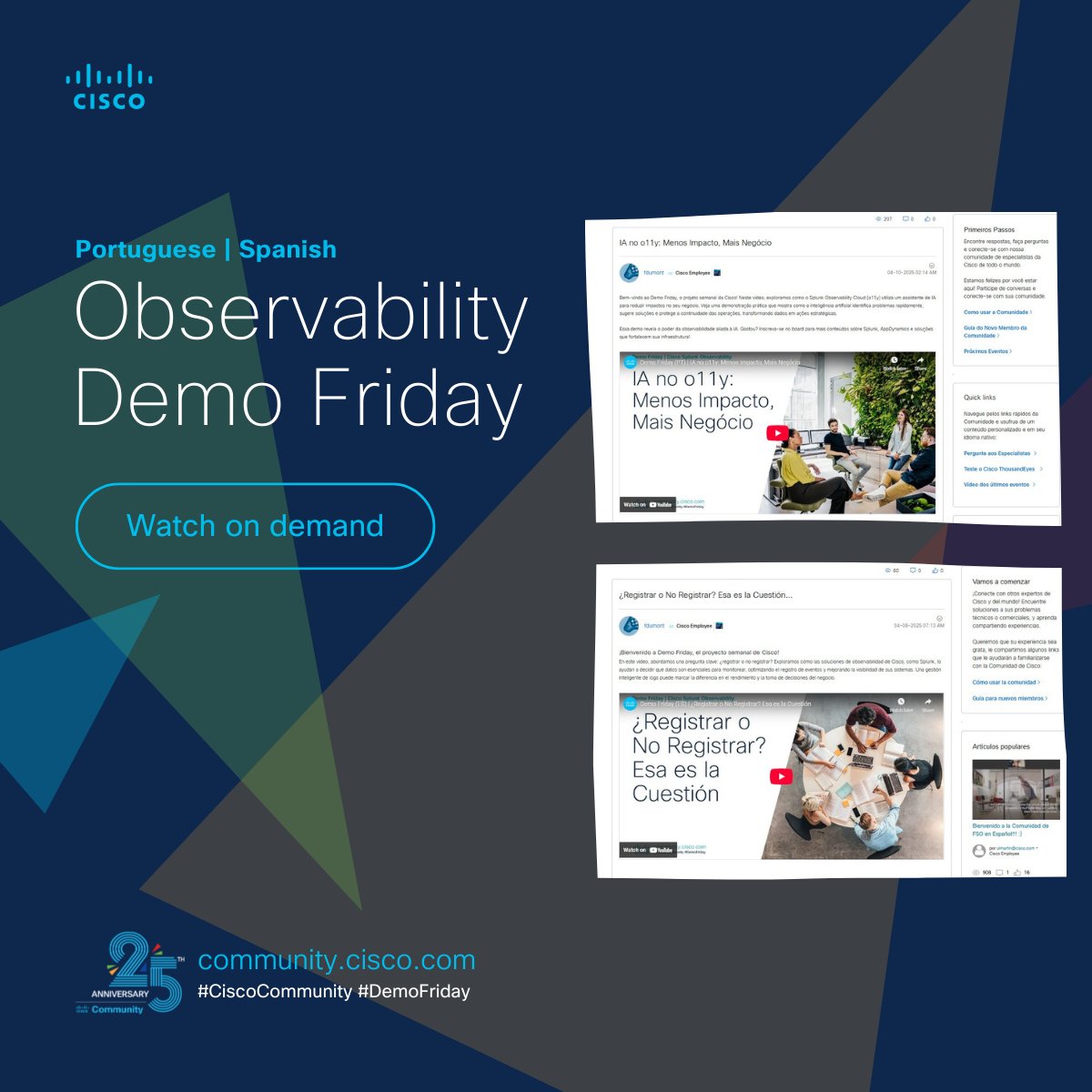 CiscoCommunity's tweet image. 🆕 #DemoFriday series: Bite-sized technical demos ▶️ on #observability for quick expert insights and pro-tips! 

🌟 Watch on demand: cs.co/60032T9a7 (PT) | cs.co/60062T9v2 (ES)
🌟 YouTube playlist: cs.co/605200rfA

#CiscoCommunity #AppDynamics #Splunk