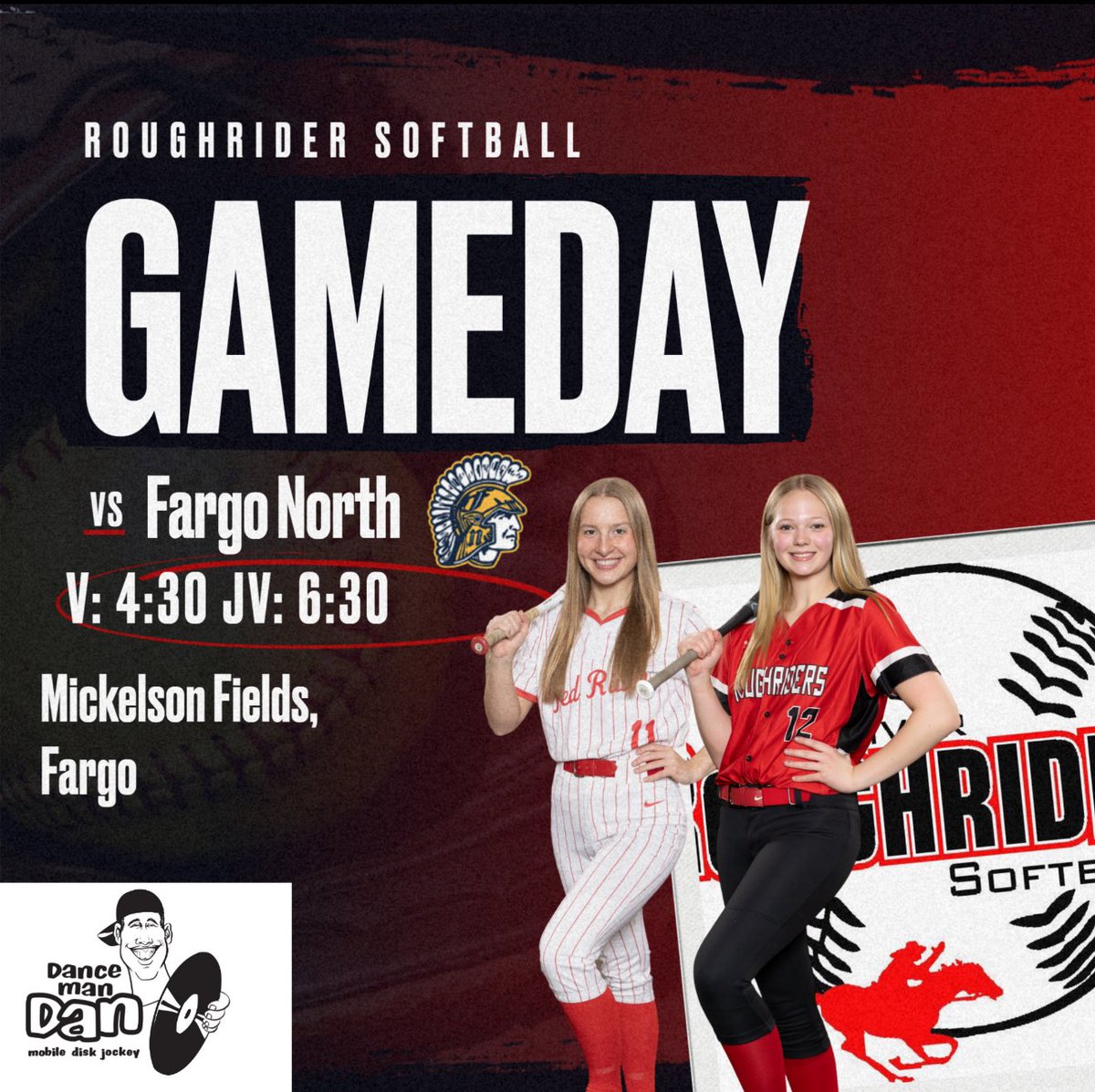 IT'S GAMEDAY! 
🥎Fargo North
📍Mickelson Fields, Fargo
⏰4:30/6:30
📺web.gc.com/teams/obbWkNTy…
Thanks Dan the Dancing Dj for sponsoring our gameday posts this season!