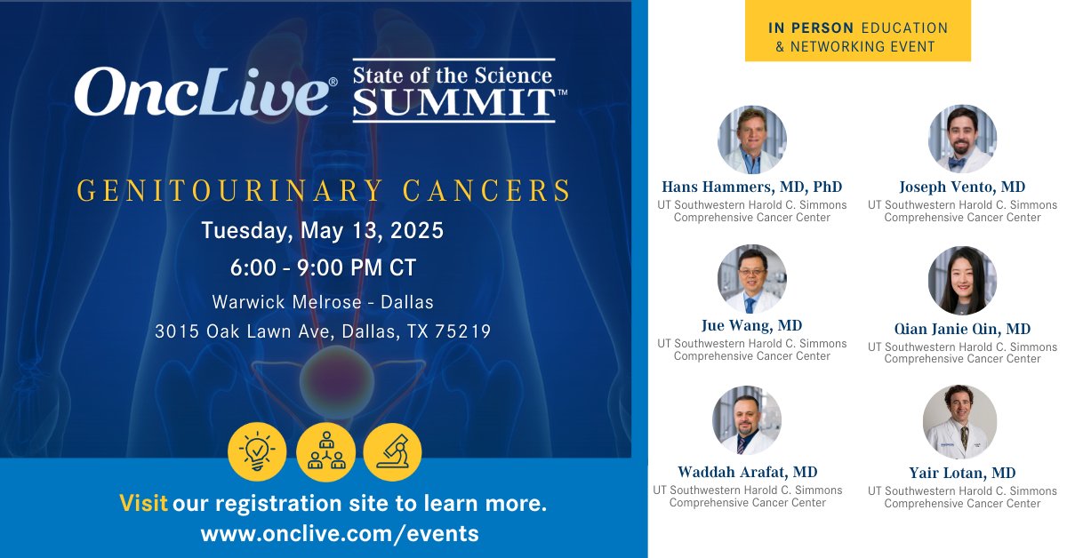 OncLive.com (@onclive) on Twitter photo Where is Genitourinary Cancers treatment headed next?
Find out at the #OncLive State of the Science Summitโข with <a href="/HHammersMD/">Hans Hammers</a>, <a href="/JVentoMD/">Joseph Vento, MD, MS</a>, <a href="/QianJanieQin/">QianJanieQin</a>, <a href="/WaddahArafat/">Waddah Arafat</a>, Jue Wang, MD, and Yair Lotan, MD.
๐ Register Now: hubs.li/Q03hf0W00
<a href="/utswcancer/">UTSW Simmons Cancer Center</a> #GUCancers Where is Genitourinary Cancers treatment headed next?
Find out at the #OncLive State of the Science Summitโข with <a href="/HHammersMD/">Hans Hammers</a>, <a href="/JVentoMD/">Joseph Vento, MD, MS</a>, <a href="/QianJanieQin/">QianJanieQin</a>, <a href="/WaddahArafat/">Waddah Arafat</a>, Jue Wang, MD, and Yair Lotan, MD.
๐ Register Now: hubs.li/Q03hf0W00
<a href="/utswcancer/">UTSW Simmons Cancer Center</a> #GUCancers